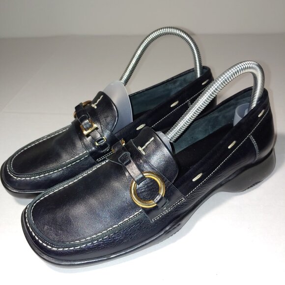 Sesto Meucci Square Toe Gold Buckle Top Detail Leather Loafers Size 8N Black - Picture 1 of 9